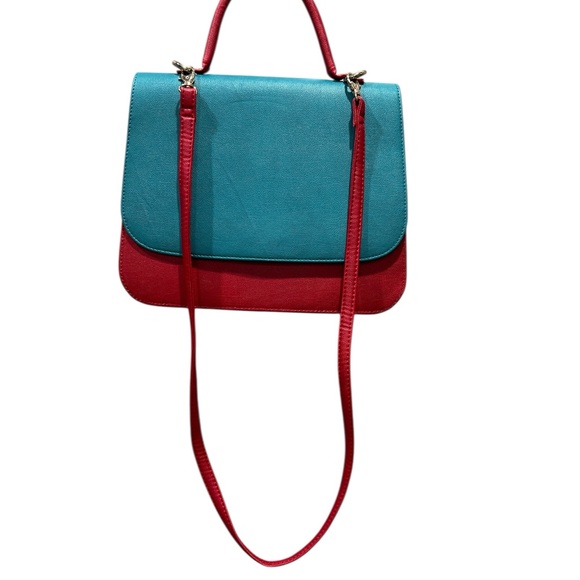 Elvy Handbags - Elvy Colorblock Leather Crossbody Satchel Teal & Red